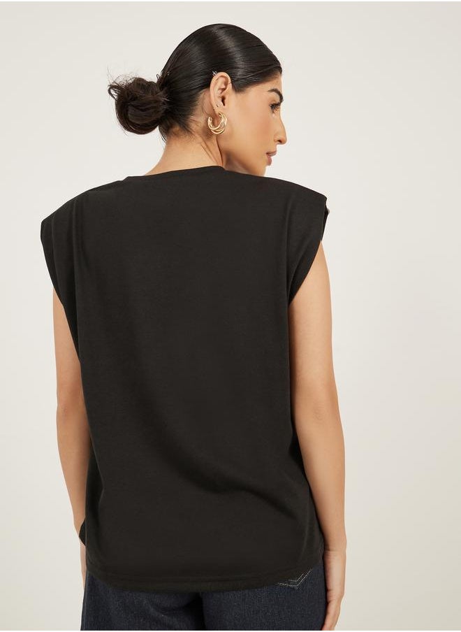 Graphic Print Padded Shoulder Sleeveless T-Shirt