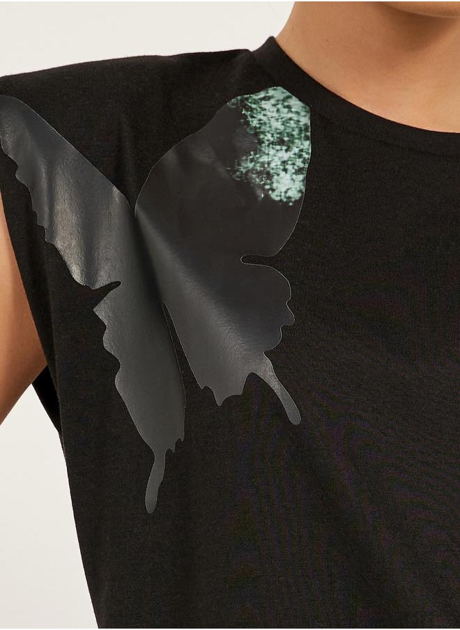 Graphic Print Padded Shoulder Sleeveless T-Shirt