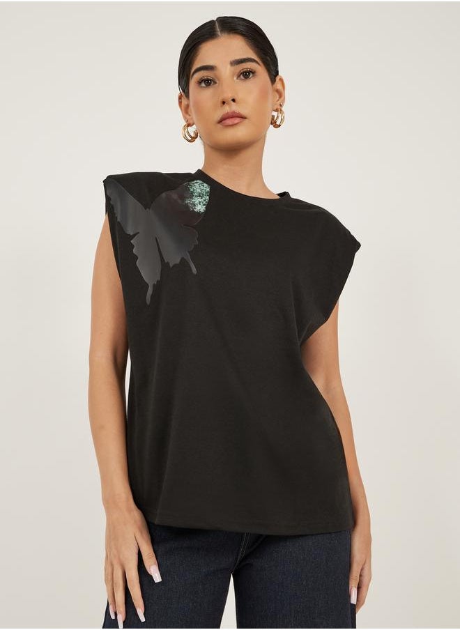 Graphic Print Padded Shoulder Sleeveless T-Shirt