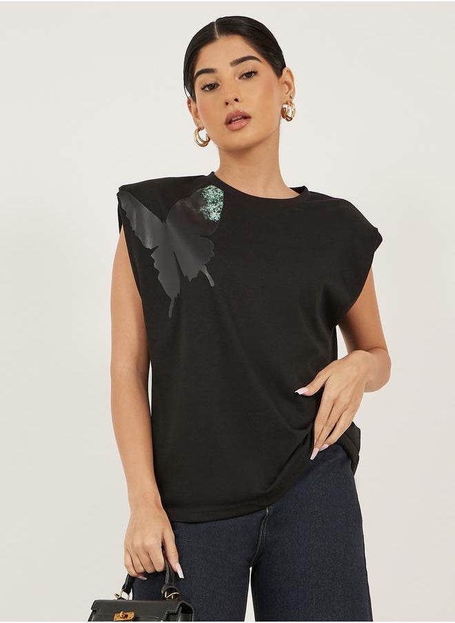 Graphic Print Padded Shoulder Sleeveless T-Shirt