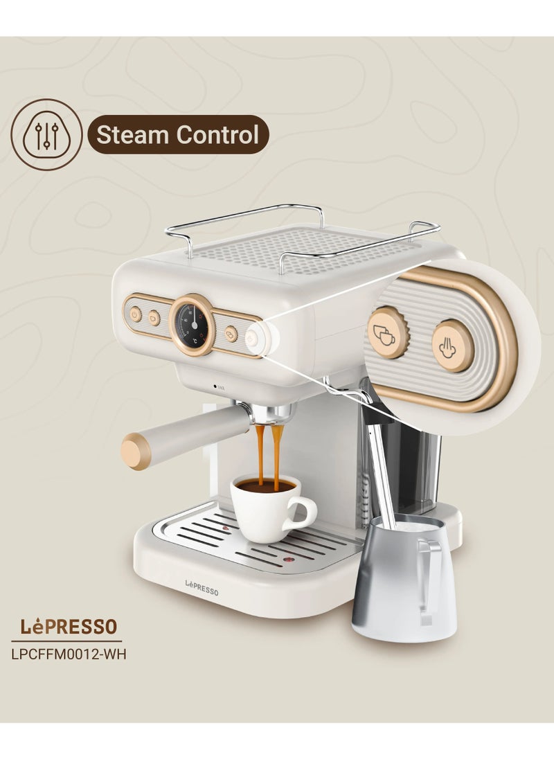 Retro Espresso Coffee Machine Boiler Gauge and Milk Frother,1.2L Coffee Maker 950W / 15Bar Pump / CUP Warmer / Steam Control / Portable - White