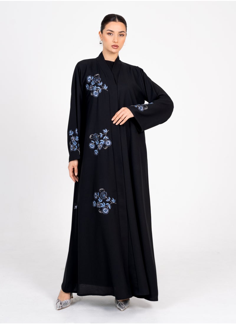 Embellished Abaya with Blue Flowers Embroidery