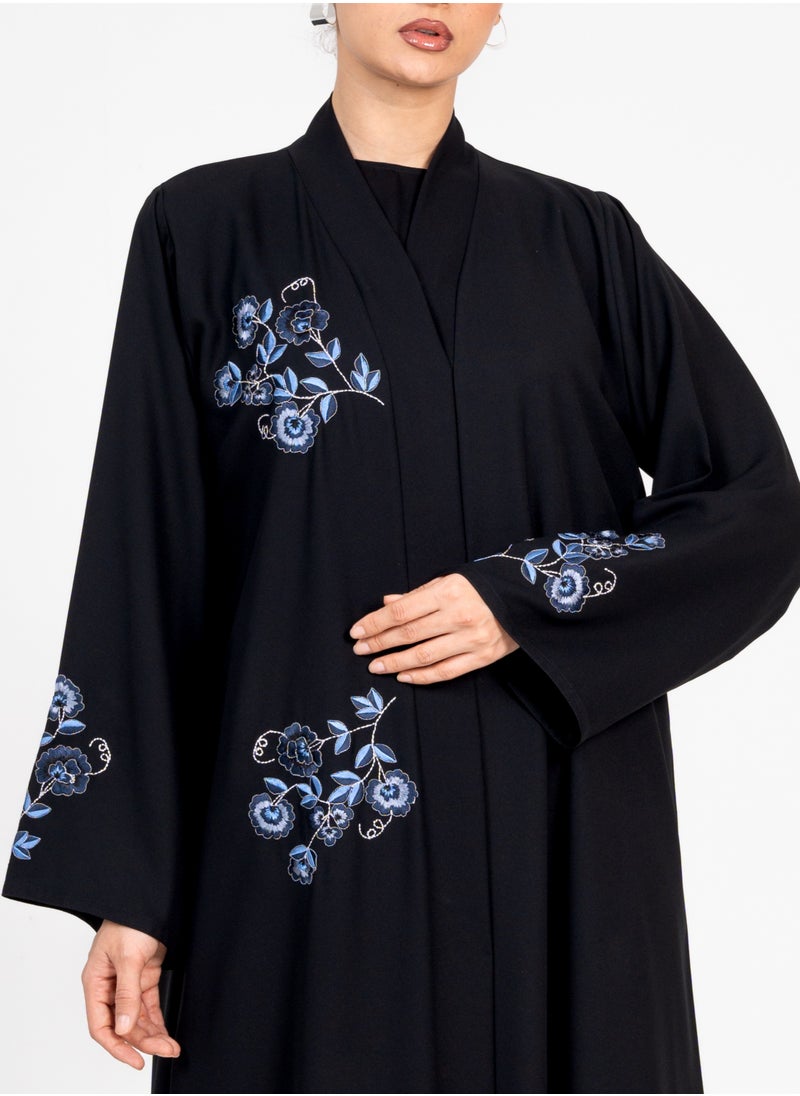 Embellished Abaya with Blue Flowers Embroidery