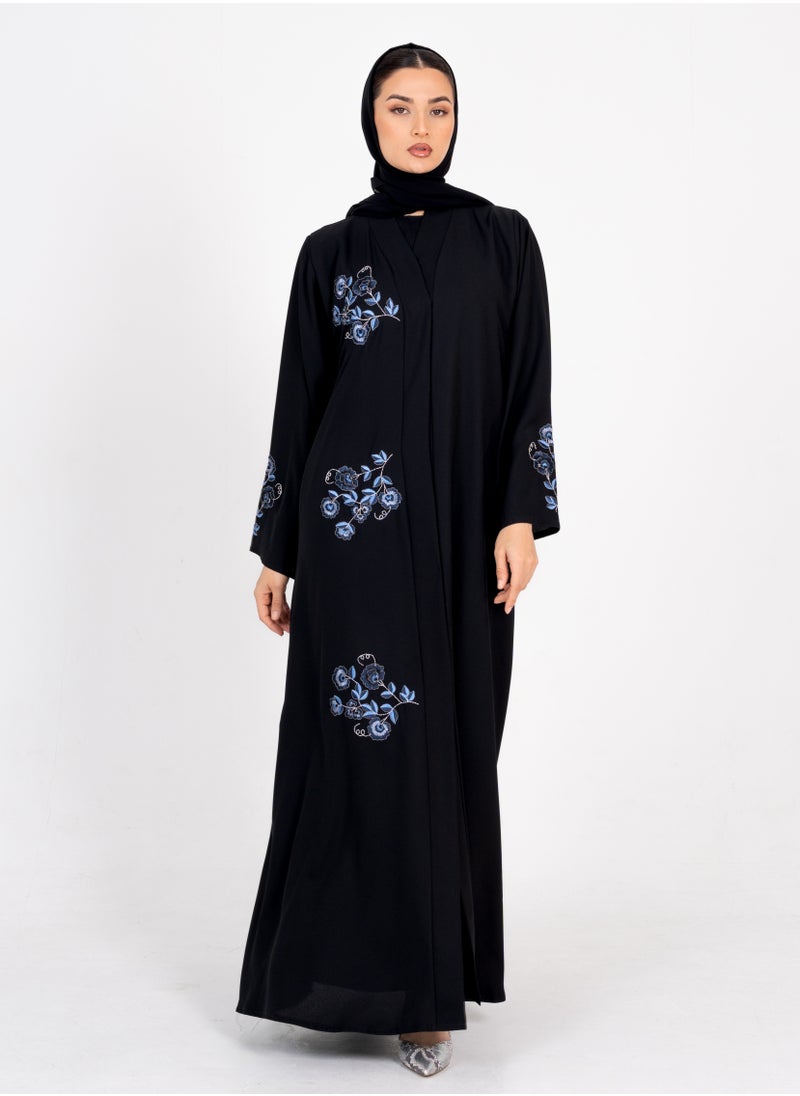 Embellished Abaya with Blue Flowers Embroidery