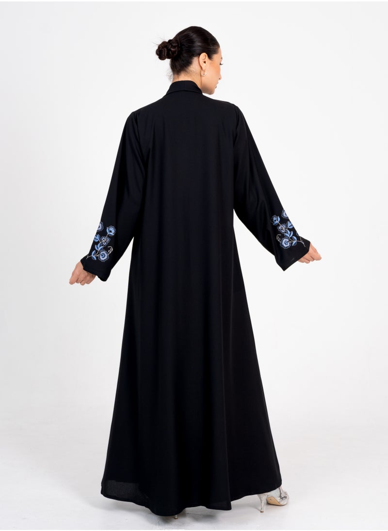 Embellished Abaya with Blue Flowers Embroidery