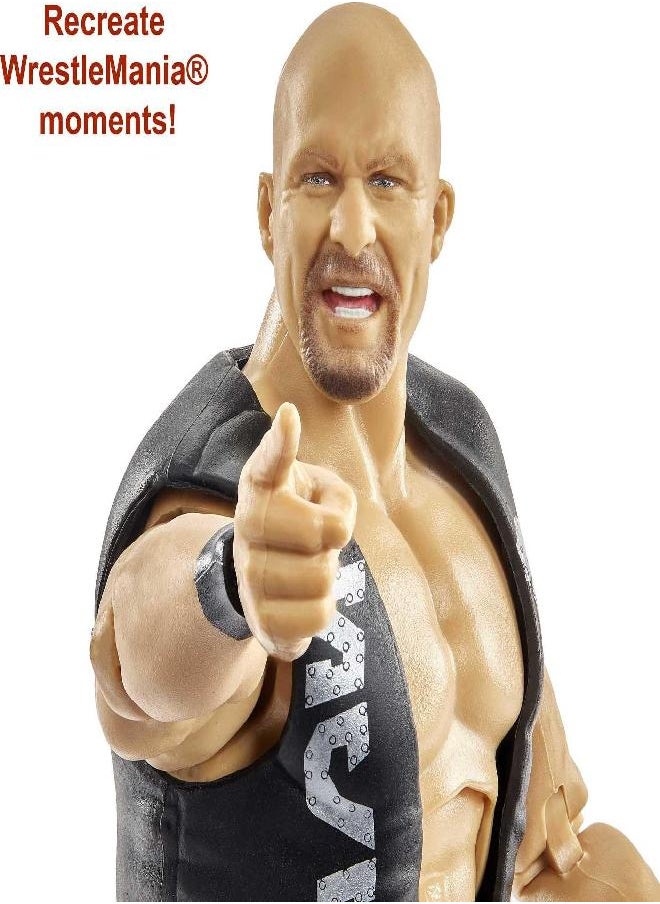 Mattel WWE “Stone Cold” Steve Austin Wrestlemania Action Figure with Entrance Gear & Vince McMahon Build-A-Figure Pieces, 6-in Posable Collectible Gift for WWE Fans Ages 8 Years Old & Up