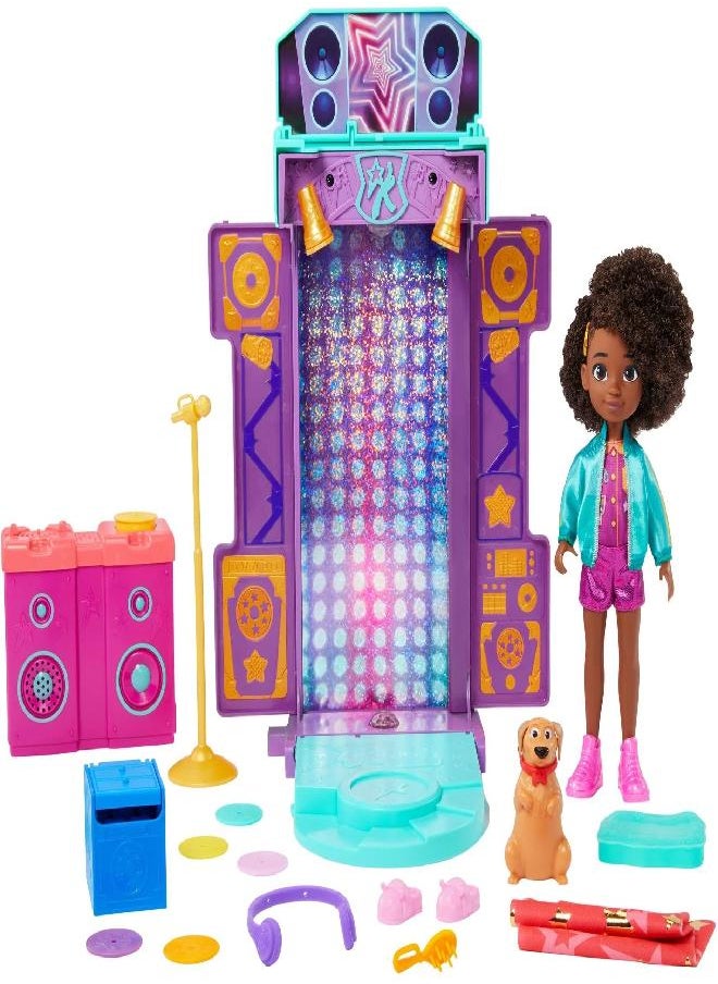 Karma’s World Toy Playset with Doll and Accessories, Musical Star Stage (~14-in) with Lights & Sounds, Transforms from Bed to Stage