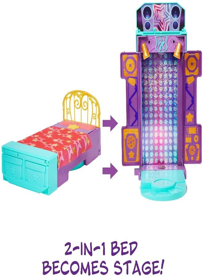 Karma’s World Toy Playset with Doll and Accessories, Musical Star Stage (~14-in) with Lights & Sounds, Transforms from Bed to Stage
