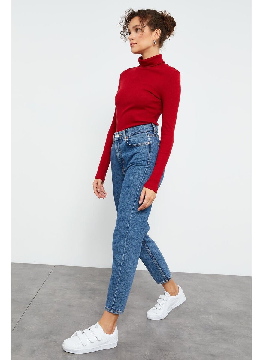 Claret Red Women's Camisole Knitwear Slim Fit Turtleneck Sweater - 97119