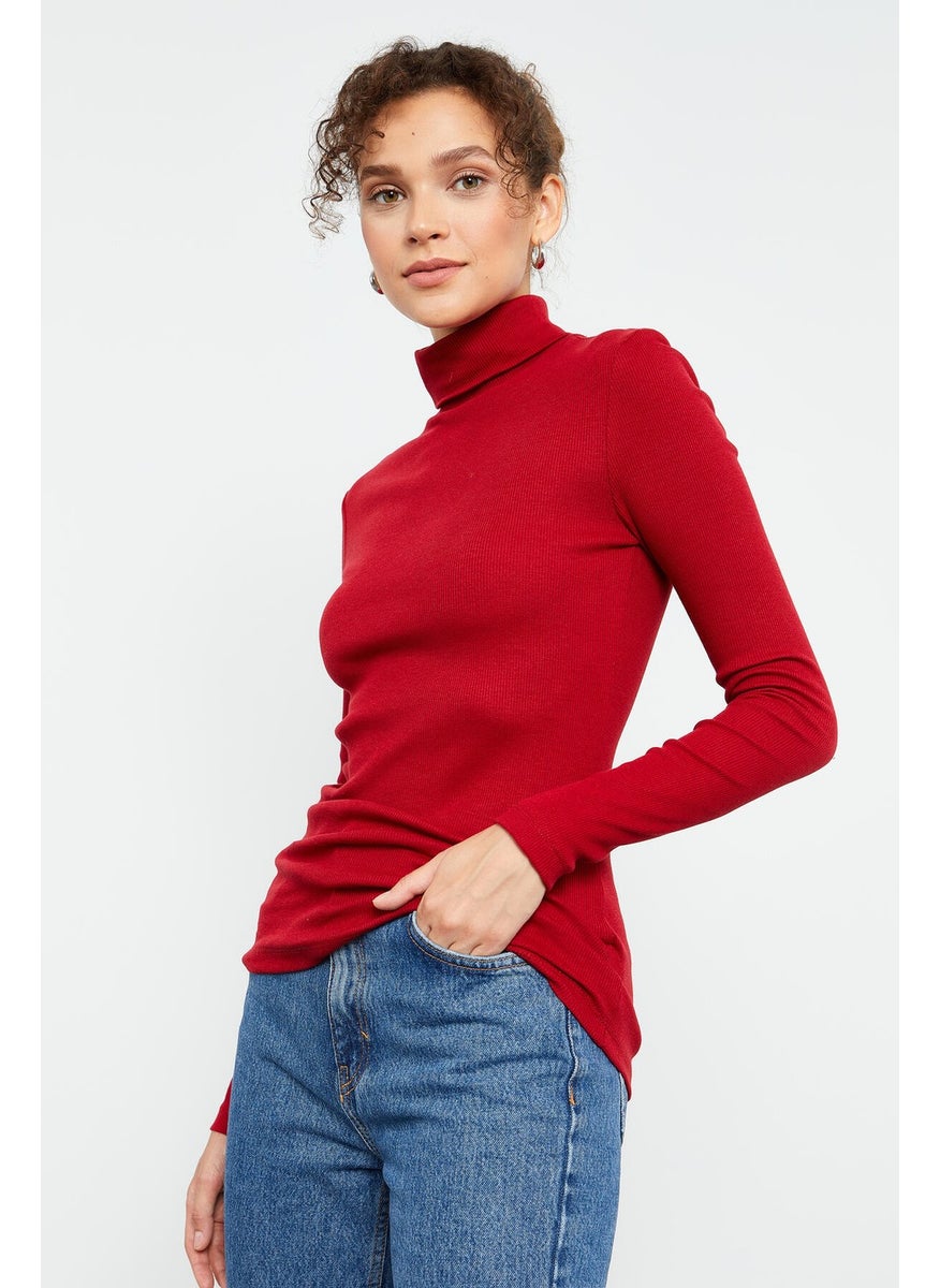 Claret Red Women's Camisole Knitwear Slim Fit Turtleneck Sweater - 97119
