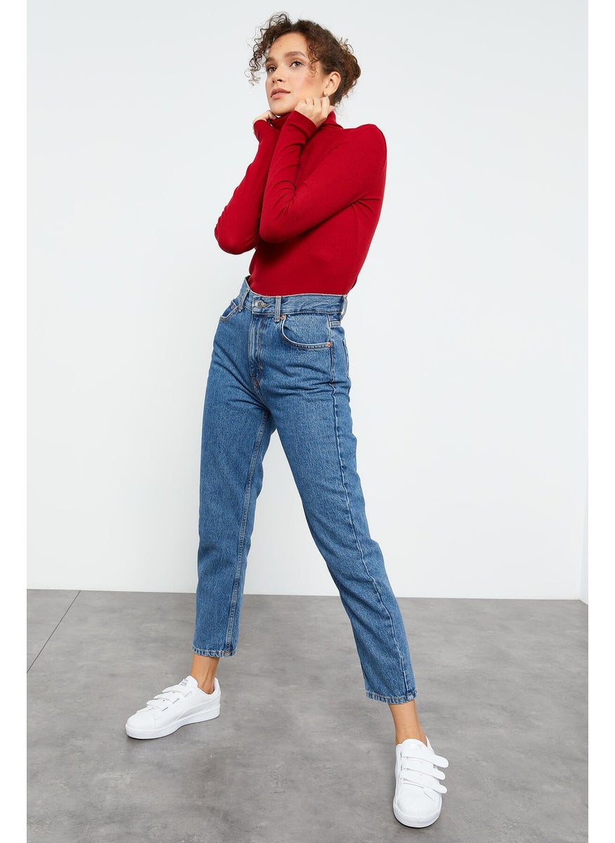 Claret Red Women's Camisole Knitwear Slim Fit Turtleneck Sweater - 97119