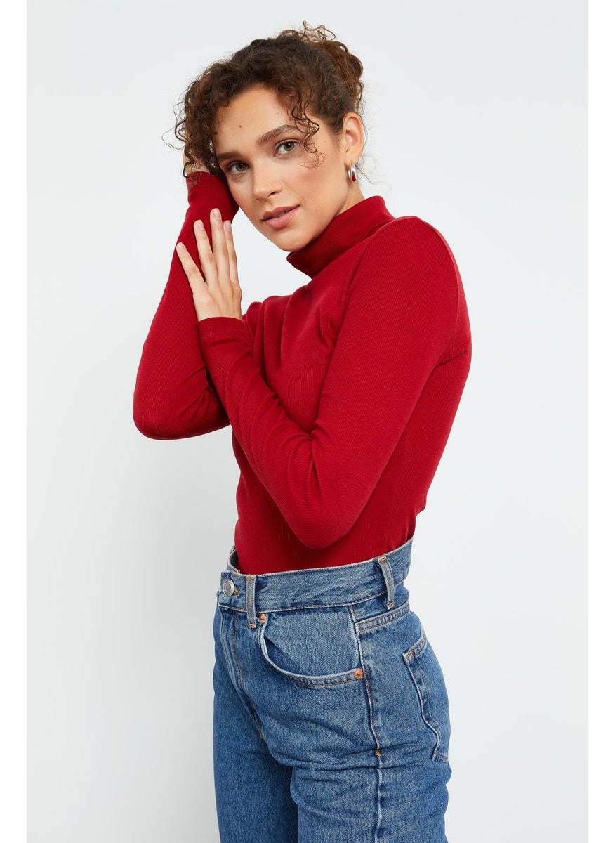 Claret Red Women's Camisole Knitwear Slim Fit Turtleneck Sweater - 97119