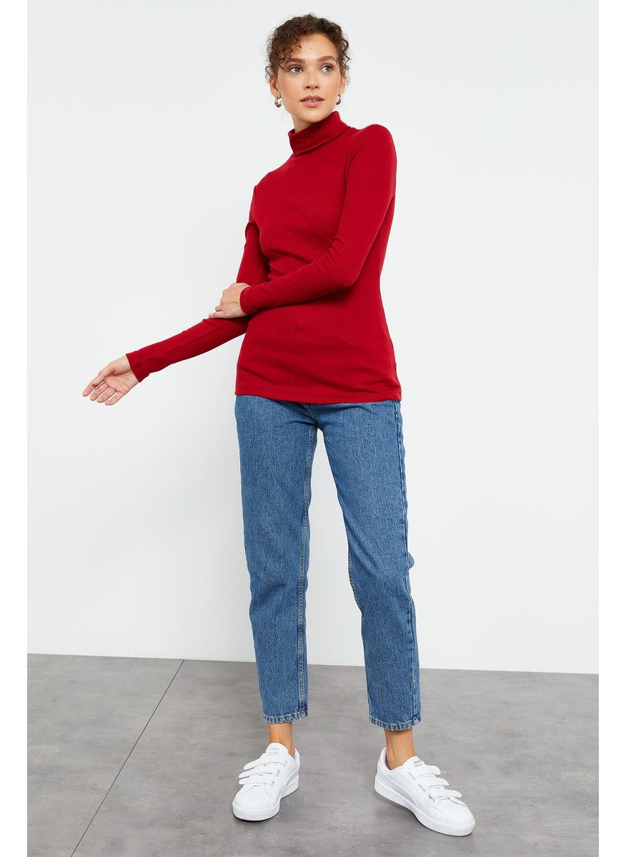 Claret Red Women's Camisole Knitwear Slim Fit Turtleneck Sweater - 97119