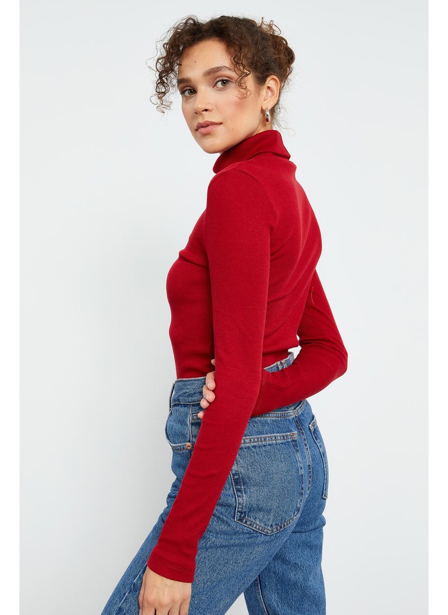 Claret Red Women's Camisole Knitwear Slim Fit Turtleneck Sweater - 97119