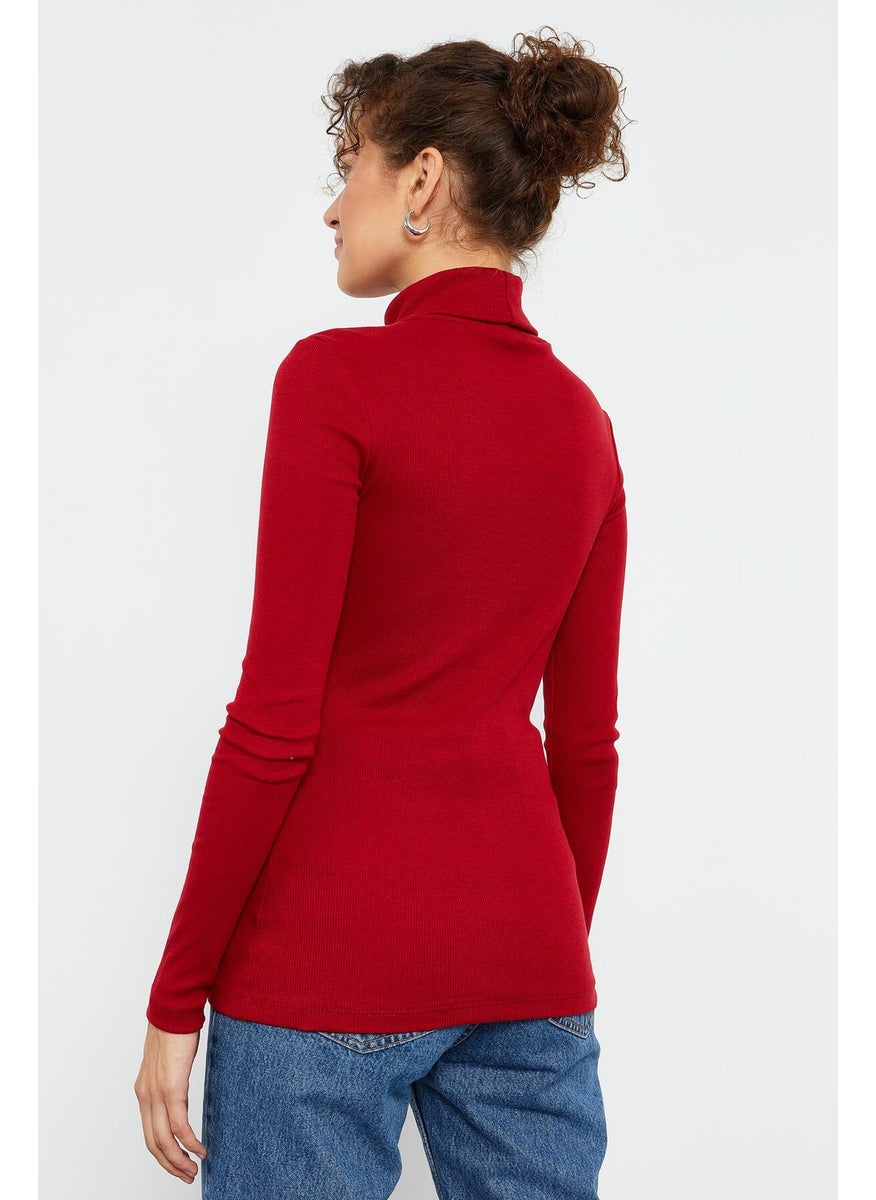 Claret Red Women's Camisole Knitwear Slim Fit Turtleneck Sweater - 97119
