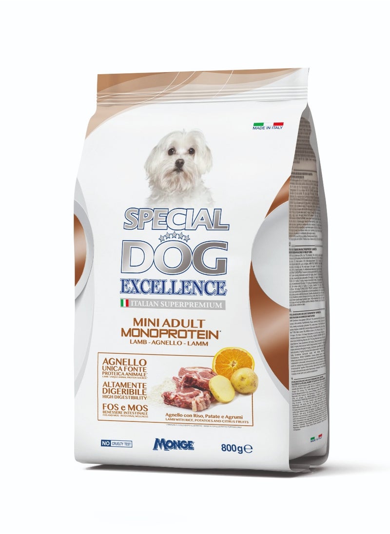 Special Dog Excellence by Monge | Mini Adult Monoprotein Dry Food with Lamb, Rice, Potatoes, Linseed and Citrus Fruit | Super Premium Complementary Dry Dog Food - 800g