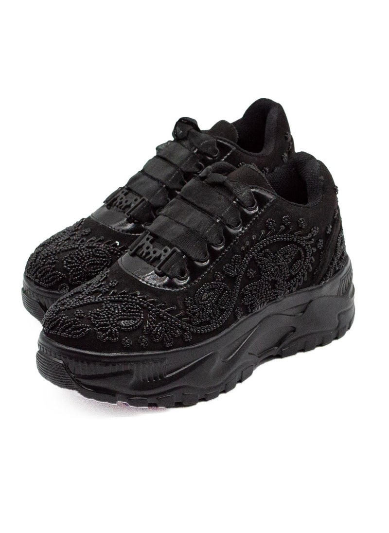 The Aaliyah Luxury Noir Suede Handmade Embellished Trainers