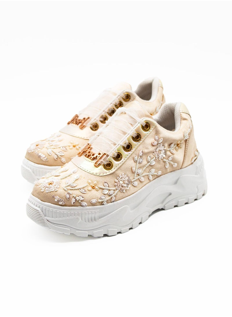 The Sarah Luxury Buttermilk Satin Handmade Embellished Trainers
