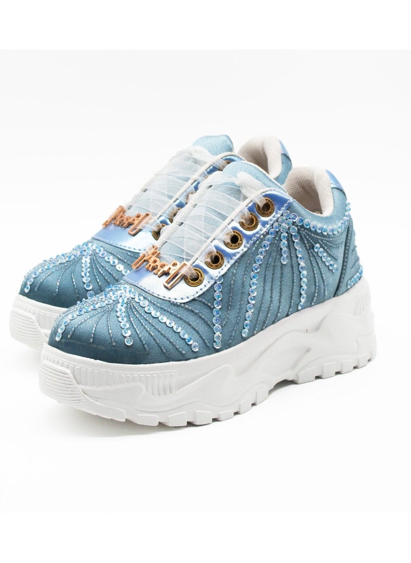 The Sofia Luxury Dusky Blue Satin Handmade Embellished Trainers