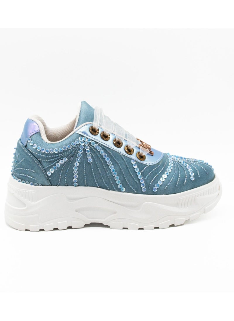 The Sofia Luxury Dusky Blue Satin Handmade Embellished Trainers