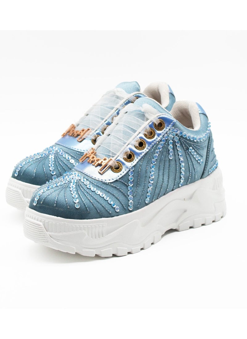 The Sofia Luxury Dusky Blue Satin Handmade Embellished Trainers