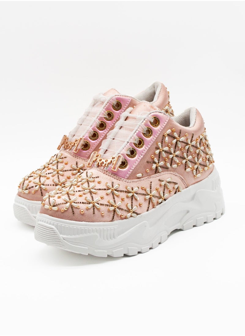 The Harper Luxury Nude Satin Handmade Embellished Trainers