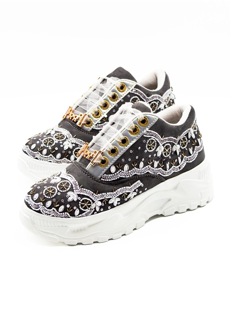 The Ava Luxury Slate Suede Handmade Embellished Trainers