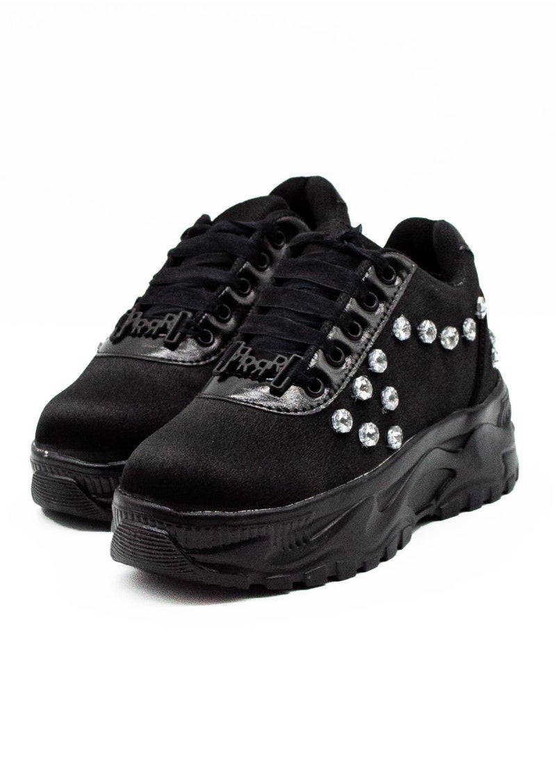 The Adeline Luxury Noir Satin Handmade Embellished Trainers