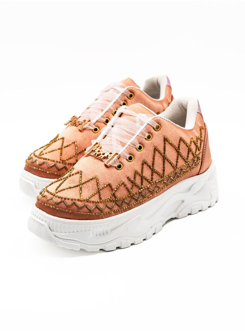 The Samantha Luxury Dark Nude Satin Handmade Embellished Trainers