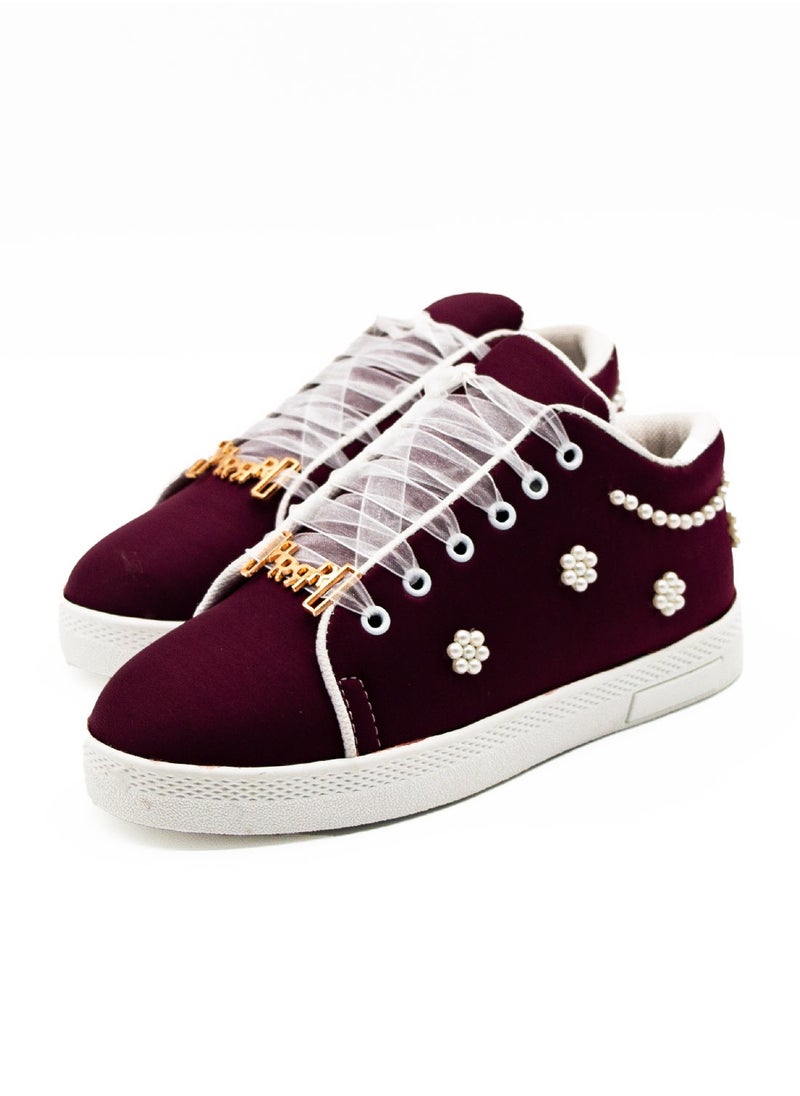 The Maria Luxury Plum Lyrca Handmade Embellished Tennis Shoe