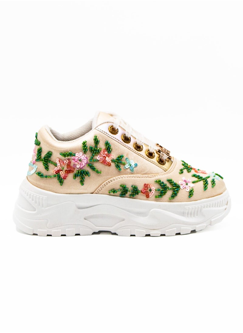 The Ariana Luxury Buttermilk Satin Handmade Embellished Trainers