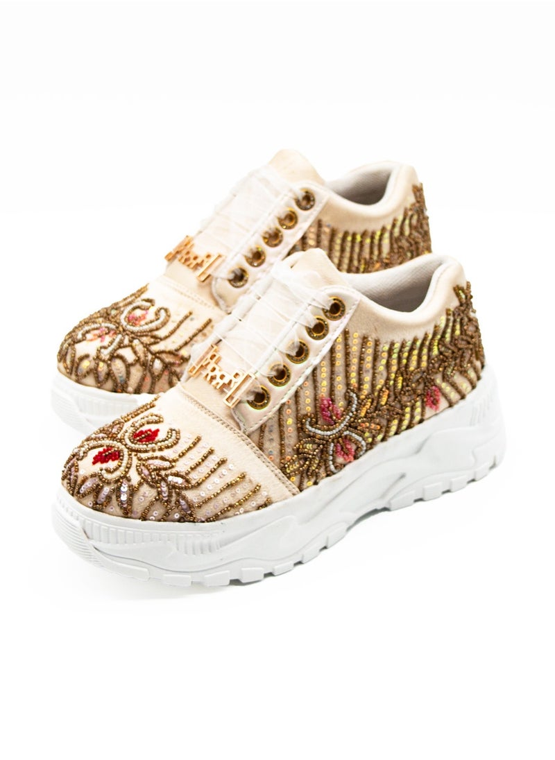 The Athena Luxury Buttermilk Satin Handmade Embellished Trainers