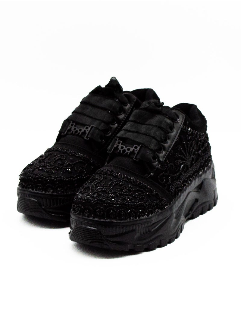 The Iris Luxury Noir Satin Handmade Embellished Trainers