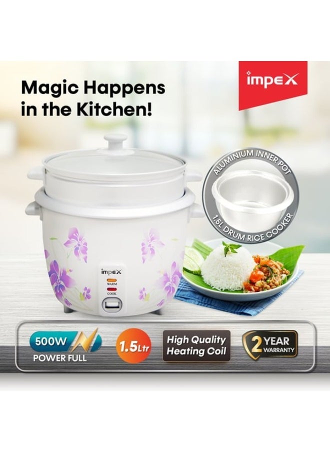 Electric Rice Cooker, Drum Cooker, Automatic Cooking, Keep Warm, Safety Protection, Cool Touch Body, Carrying Handle, Measuring Cup, Spoon, Steamer 1.5 L 500 W RC 2802 Multicolour