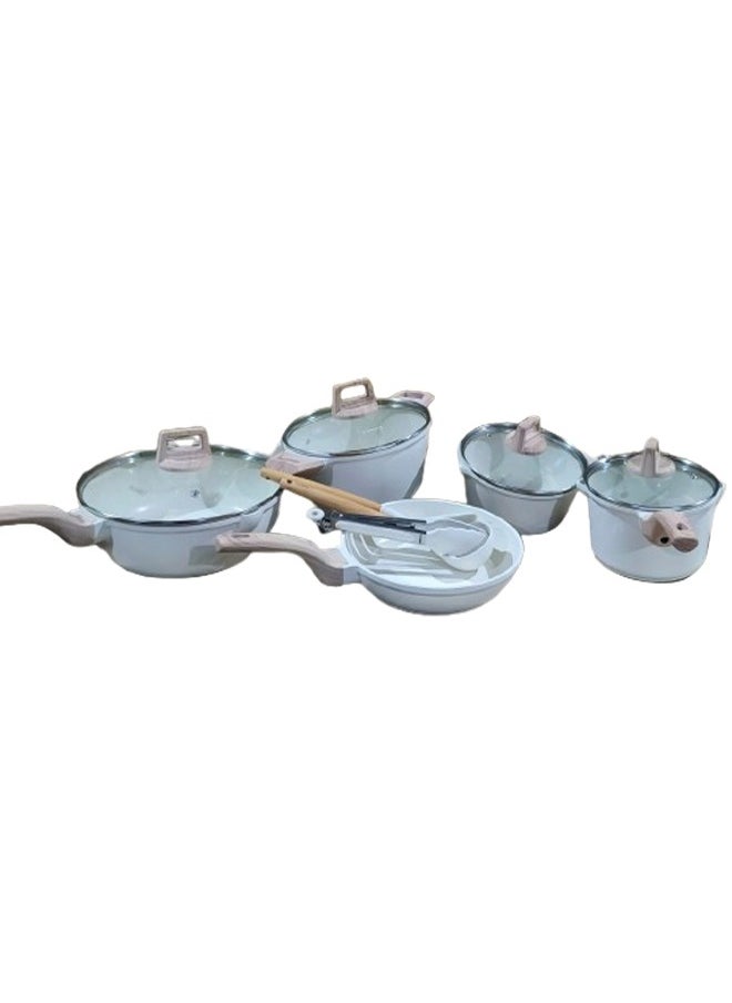 Carote 12-Piece Non-Stick Cookware Set – Frying Pan, Deep Fry Pan, Casserole Pots with Glass Lids, Milk Pan, Silicone Cooking Utensils & Tongs – Induction Compatible, Wooden Handles - White