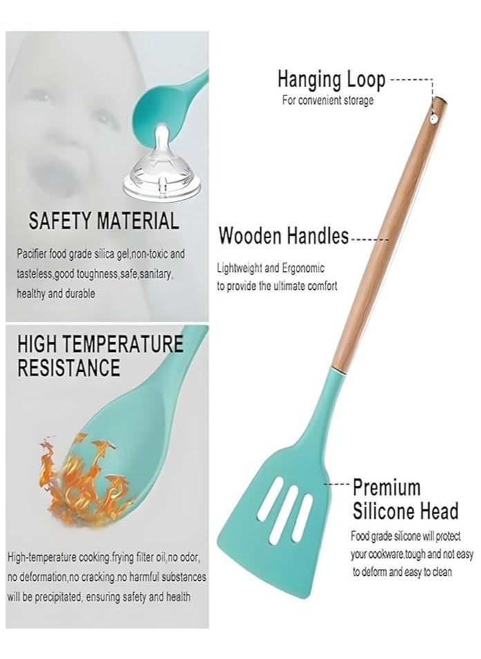 19-Piece Premium Kitchen Set - Silicone Cooking Utensils & Stainless Steel Knives with Storage Block (Teal)
