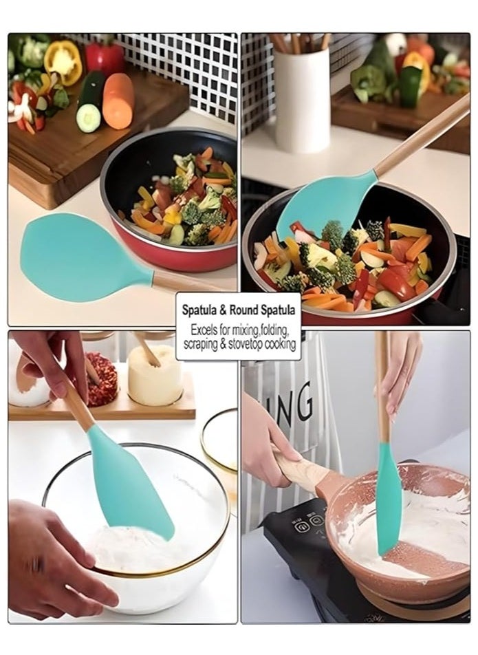 19-Piece Premium Kitchen Set - Silicone Cooking Utensils & Stainless Steel Knives with Storage Block (Teal)