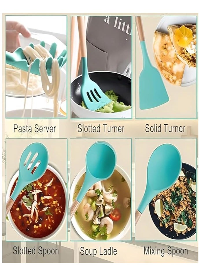 19-Piece Premium Kitchen Set - Silicone Cooking Utensils & Stainless Steel Knives with Storage Block (Teal)