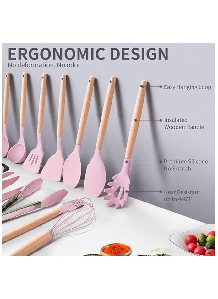 19-Piece Pink Kitchen Set - Silicone Cooking Utensils & Stainless Steel Knives with Storage Block