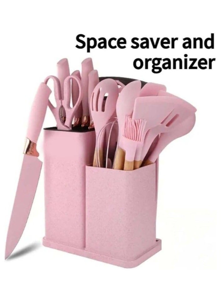 19-Piece Pink Kitchen Set - Silicone Cooking Utensils & Stainless Steel Knives with Storage Block