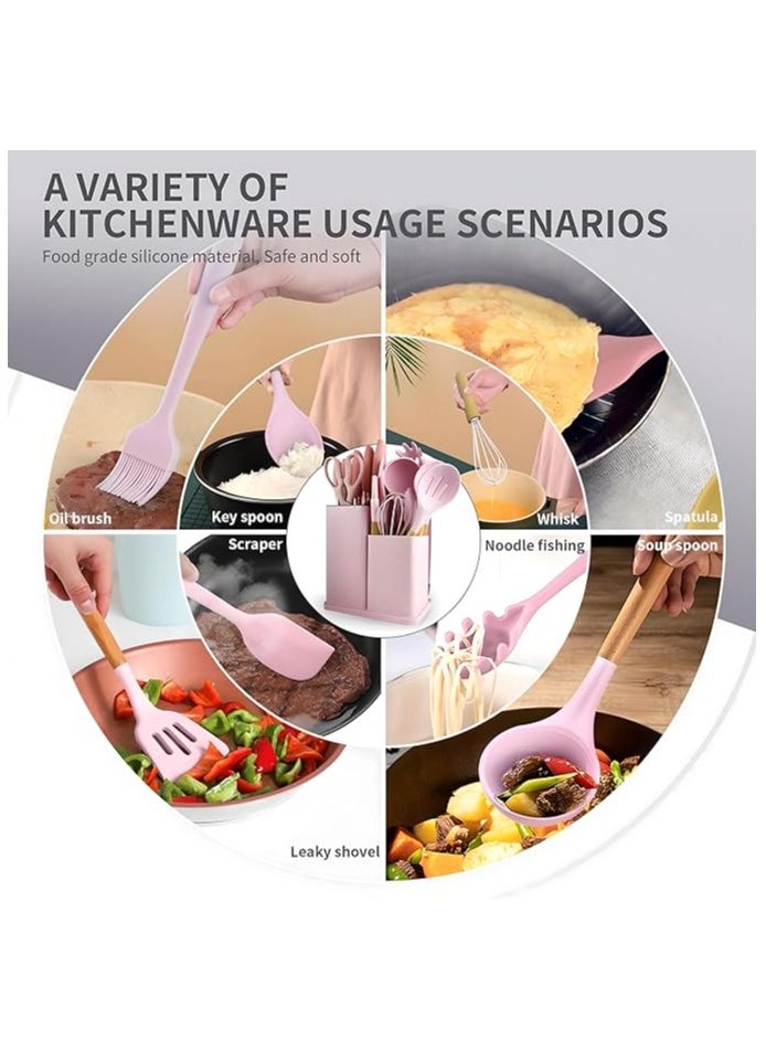 19-Piece Pink Kitchen Set - Silicone Cooking Utensils & Stainless Steel Knives with Storage Block