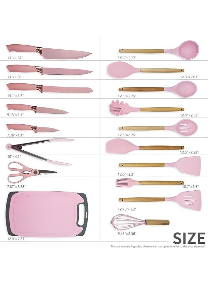 19-Piece Pink Kitchen Set - Silicone Cooking Utensils & Stainless Steel Knives with Storage Block