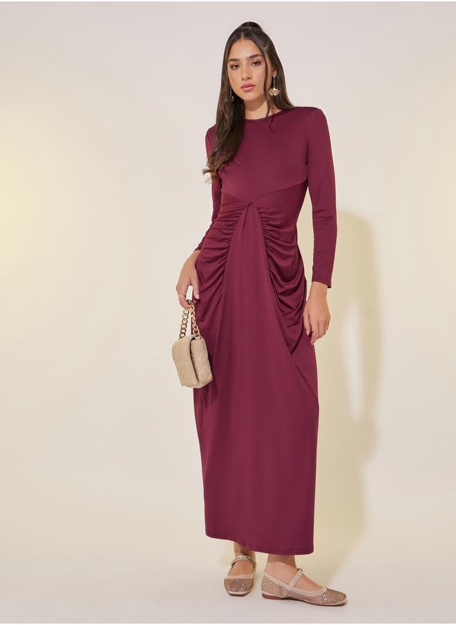 Solid Long Sleeves Gathered Sheath Maxi Dress