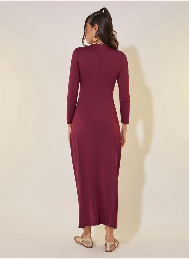 Solid Long Sleeves Gathered Sheath Maxi Dress
