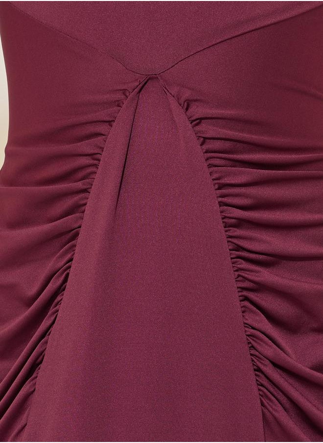 Solid Long Sleeves Gathered Sheath Maxi Dress
