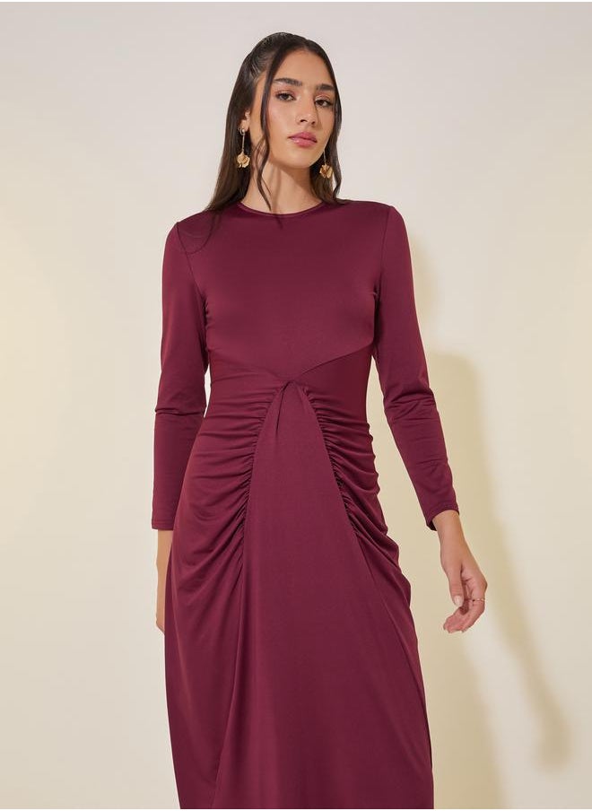 Solid Long Sleeves Gathered Sheath Maxi Dress