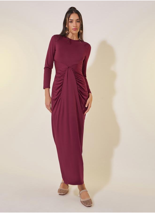 Solid Long Sleeves Gathered Sheath Maxi Dress