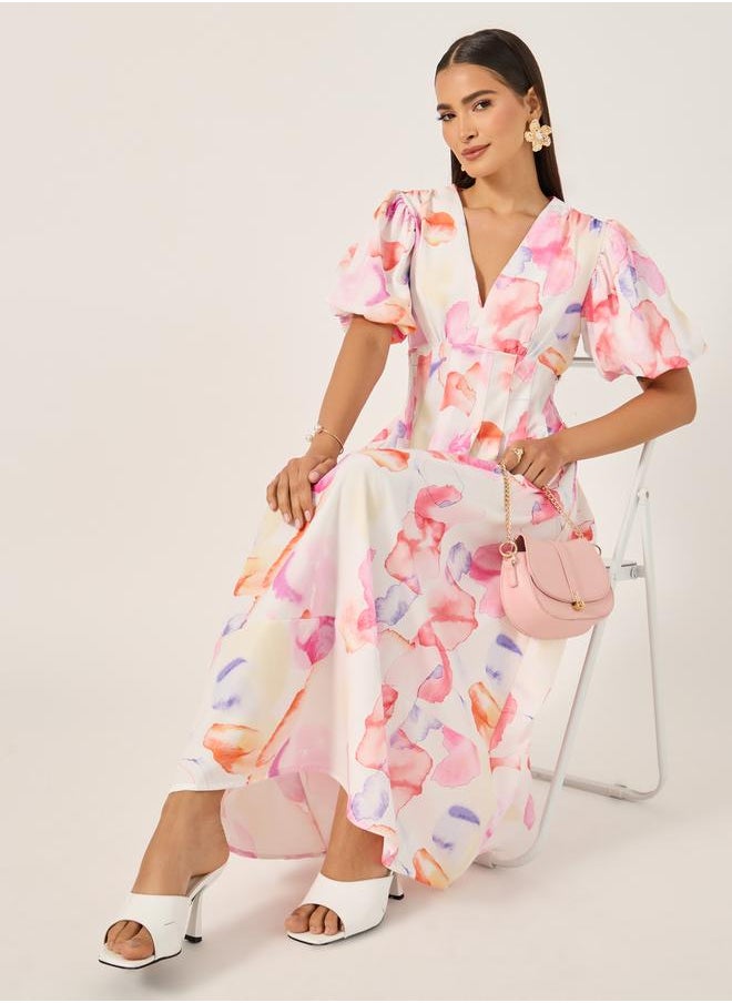 Floral Print Balloon Sleeves A-Line Maxi Dress