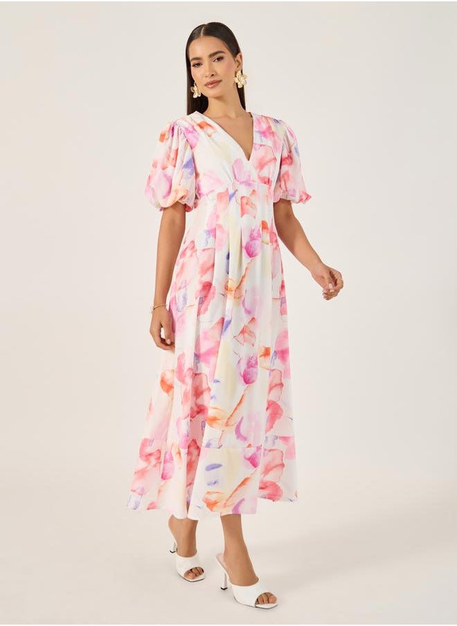 Floral Print Balloon Sleeves A-Line Maxi Dress
