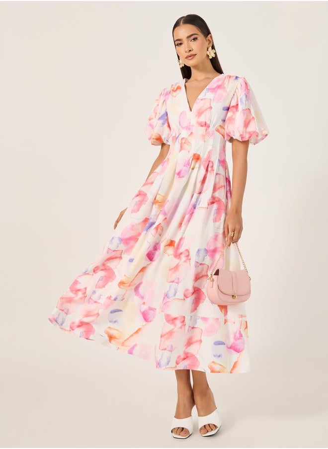 Floral Print Balloon Sleeves A-Line Maxi Dress
